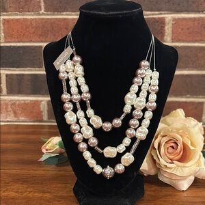 Chico's Cream and Silver Three Layered Pearl Necklace